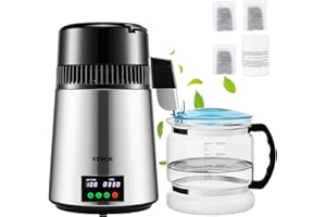 VEVOR 1.1 Gal Water Distiller, 0.3 Gal/H, Distilled Water Maker Machine 750W 0-99H Timing Set Temp Display, 304 Stainless Steel Countertop Distiller Glass Carafe Cleaning Powder 3 Carbon Packs, Silver