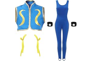 DAZCOS Women's US Size Blue Cheongsam Game Cosplay Costume Fighter Bodysuit with Bracelet and Hair Ties
