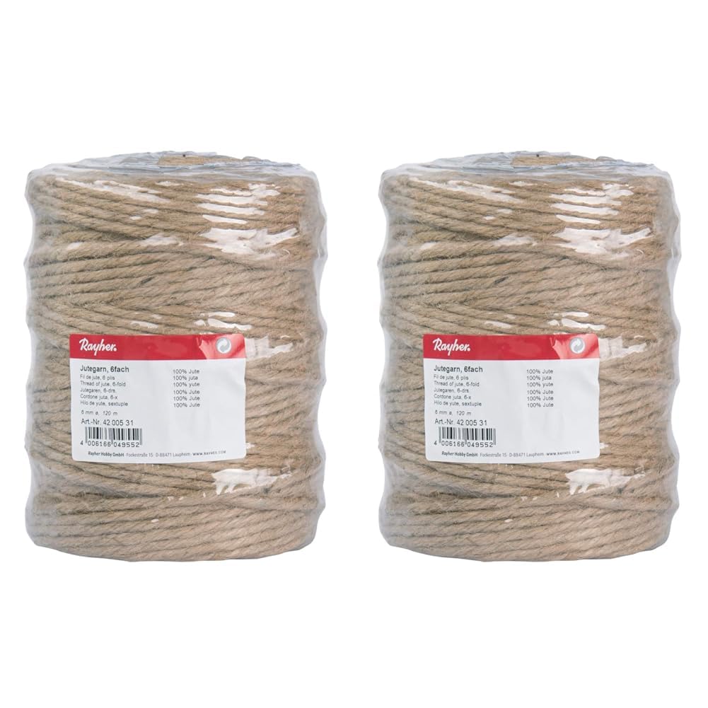 Rayher Jute Twine, 6 Ply, 4-6 mm , 120 m Spool, Natural Color - Tie Cord and Decorative Cord (Pack of 2)
