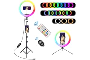 10" RGB Selfie Ring Light, SRUIM Desktop RGB Flash Ring Light with Tripod Stand & Cell Phone Holder, LED Dimmable Desktop Beauty Selfie Light for YouTube Video, Live Stream, Makeup