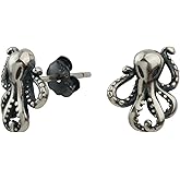 Handmade Sterling Silver Octopus Stud Earrings for Women Men, Oxidized