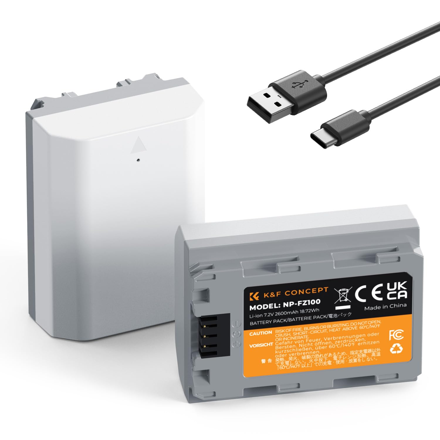 K&F Concept 2600mAh NP-FZ100 Battery, 2-Pack USB-C A7iii Battery Compatible with Sony A7iv, A7iii, A7C, A6600, A6700, FX3, FX30, ZV-E1, A9, Alpha 9, Alpha 9S, A9S, A7RIII, A7RIV, A7RV, A7Siii Cameras