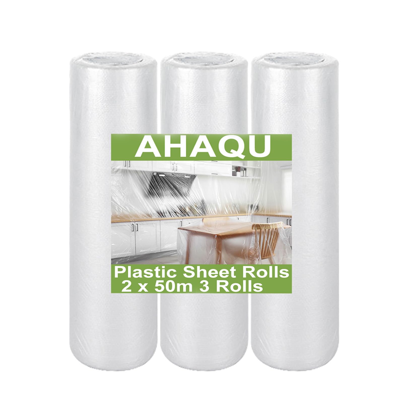 AHAQU 3 Roller Plastic Dust Sheets for Decorating, 2 x 50m/6.5 x 164ft Large Plastic Sheet Rolls, Waterproof Polythene Sheeting Roll for Painting Covering, Furniture & Floor Protection