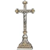Grace4Joy Crucifix Stand, 12.5 Inches Standing Crucifix Catholic Table Altar Decor, Hand Painted Jesus Cross with Ornate Base Antique Home Deocr