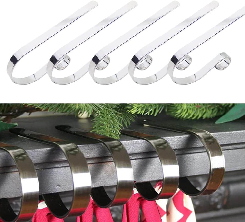 Ornament Hooks - Christmas Stocking Holders for Mantle, 5 Pack Silver Christmas Stocking Hooks Adjustable Mantel Fireplace Holder, Xmas Stocking Holders for Mantle New Year Party Decor