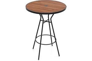 Tangkula 28” Outdoor Bar Table, Round Bar Height Table with Wood-Like Tabletop, Umbrella Hole & Footrest, Patio Bistro Table,