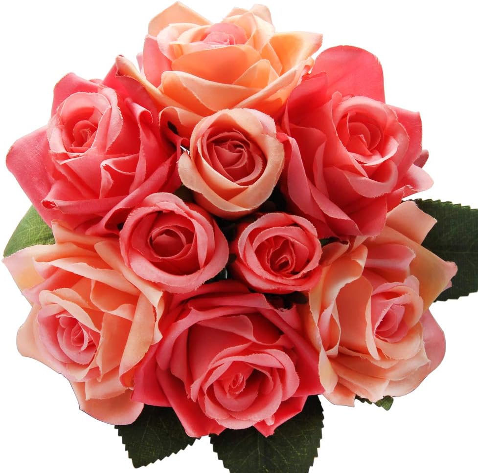 CQURE Artificial Flowers, Fake Flowers Silk Plastic Artificial Roses 9 Heads Bridal Wedding Bouquet for Home Garden Party Wedding Decoration (Cherry Red)