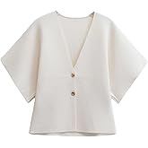 hathne Women's V Neck Short Sleeve Cardigan Sweater Button Down Ribbed Knit Tops