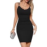Missufe Women's V Neck Sleeveless Ruched Bodycon Sundress Summer Casual Mini Cami Dress (Black, Medium)