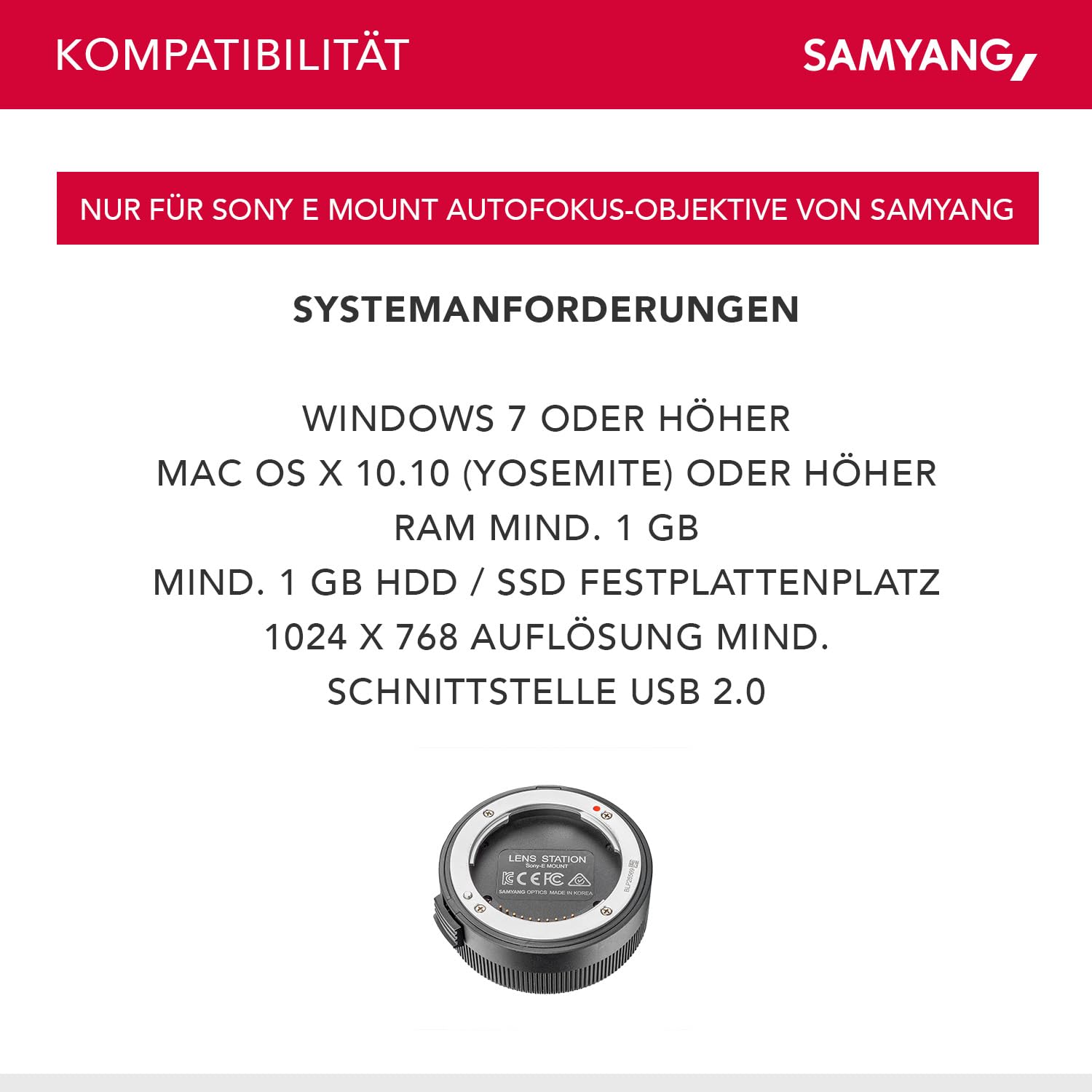 Samyang Lens Station für AF Sony E Objektive - Firmware-Update, Fokussierung und Blendenkalibrierung - Kompatibel mit Samyang E Mount Objektiven - Kompatibel mit Windows und Mac 6