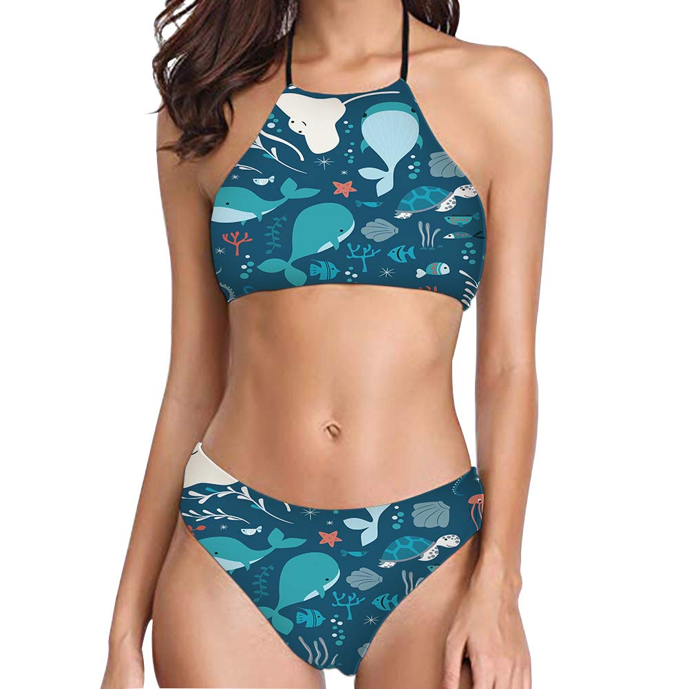 Foruidea Shark Two Piece Swimsuit Summer Beach Hot Sexy Bikini Set High Neck Bandage Bathing Suits Beachwear for Women