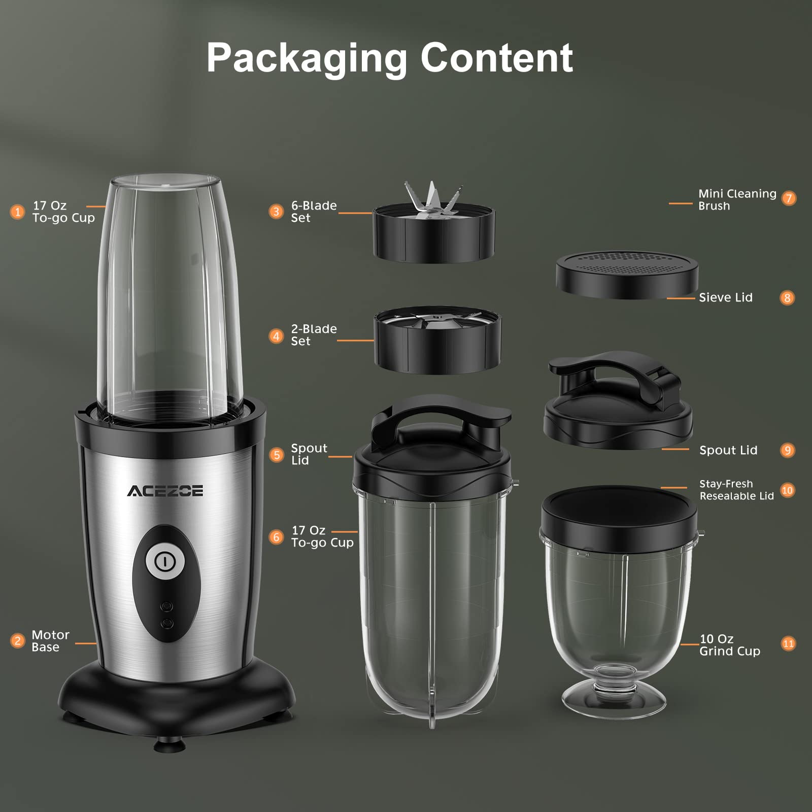 Acezoe Personal Blender Shakes and Smoothies, 3D 6-leafs, 850W Portable Blender, One-Button Mixer, 2x17oz Personal Blender Bottle, BPA Free Kitchen, baby food, Grinding, Juice