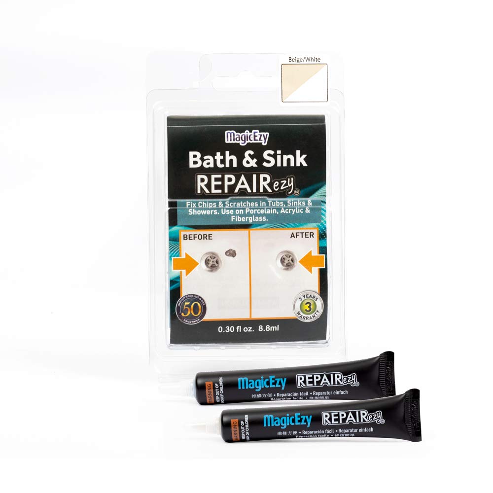 MagicEzy Bath & Sink RepairEzy (Beige/White) - Tub Repair Kit | Porcelain, Acrylic, Enamel, and Fiberglass Bathtub Repair | Shower Base Refinishing | Chipped Tub Repair