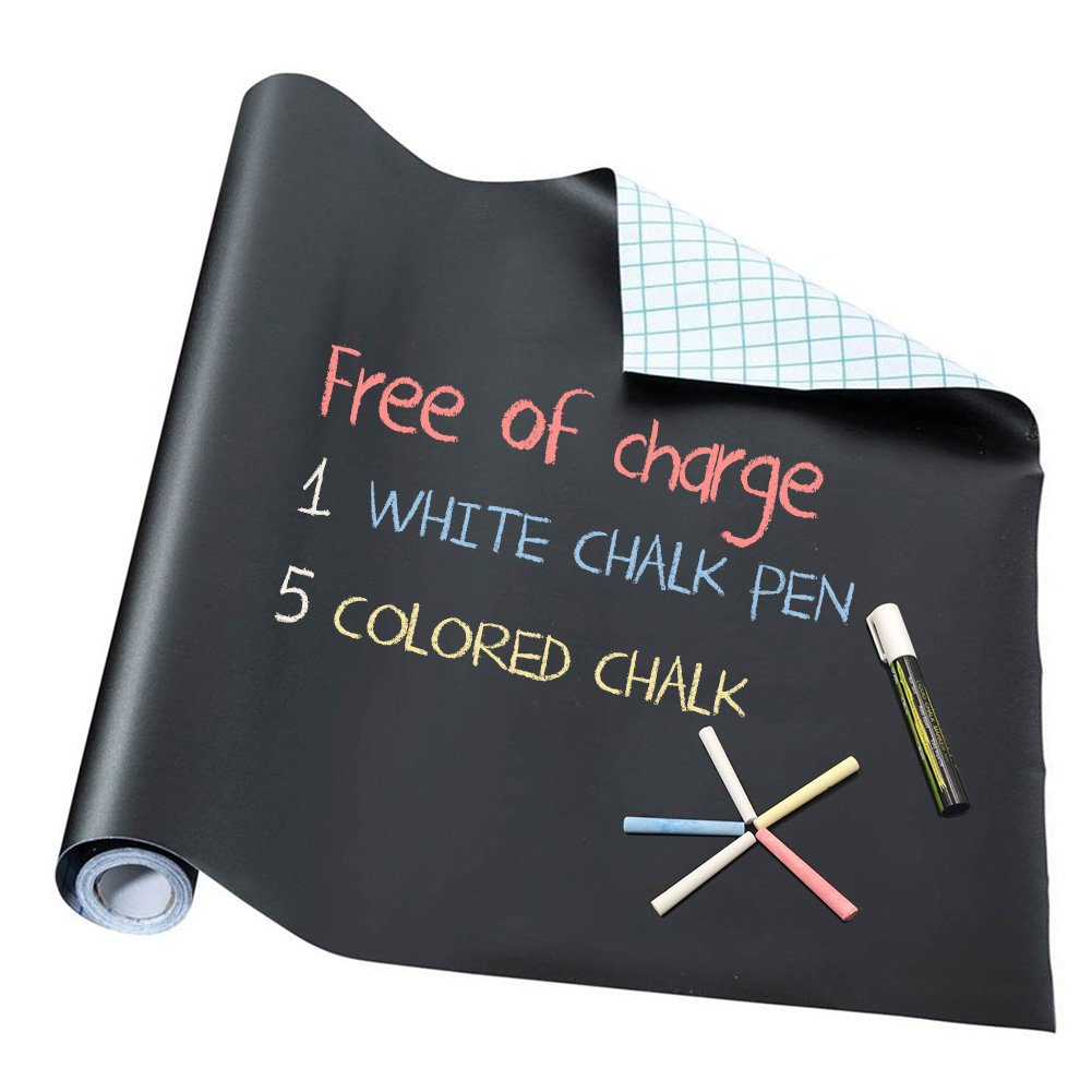 Vinyl Blackboard Wall Chalkboard Paper - 1 Roll, Includes: 5 Colored Chalk & 1 White Chalk Marker - 17.5" x 78.7"