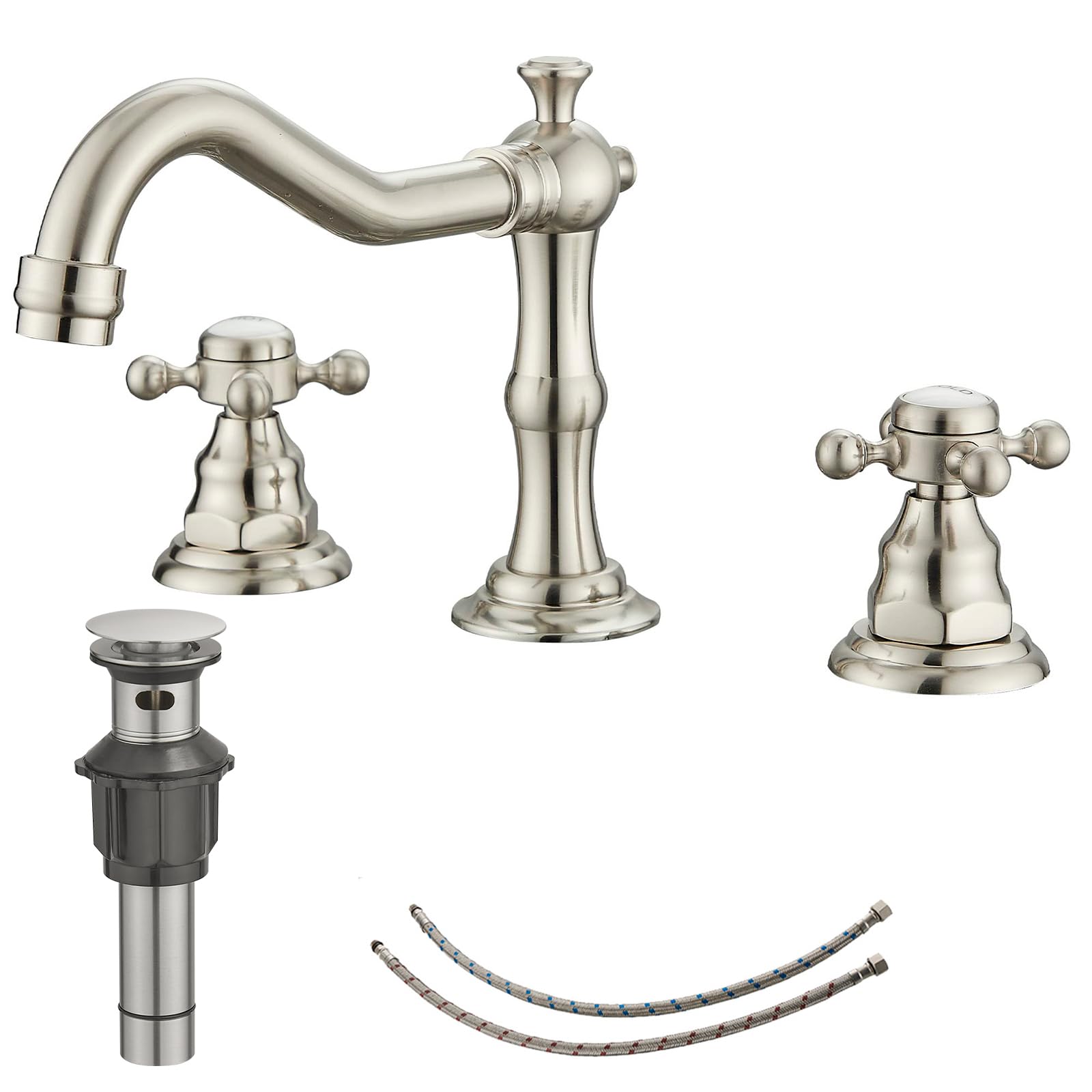 Photo 1 of BATHLAVISH Brushed Nickel Brass Bathroom Faucet for Sink 3 Hole 360 Swivel Spout 8 Inch Widespread Farmhouse Lavatory Vanity with Pop Up Drain with Overflow High Arc 2 Handle Vintage