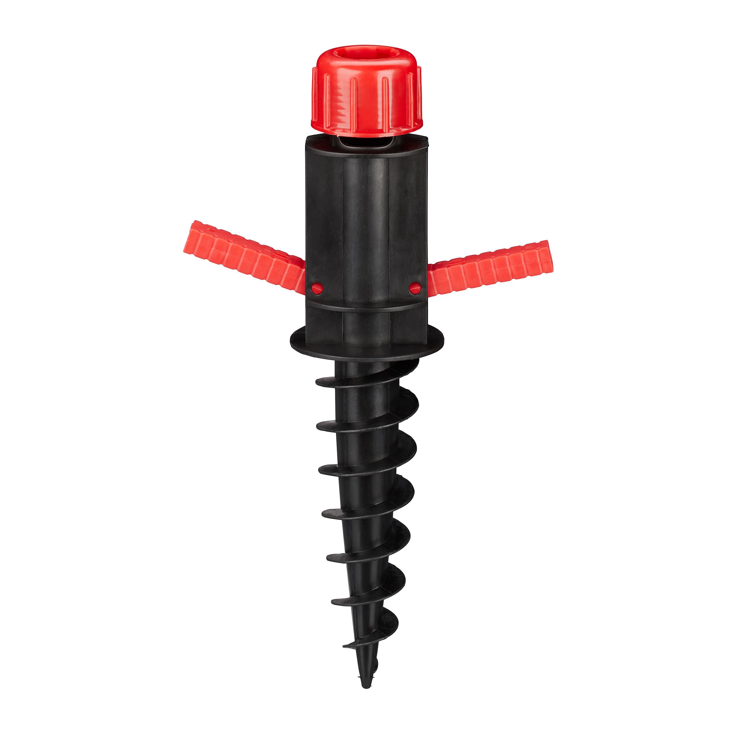 Relaxdays Parasol Ground Anchor, Screw-in Holder With Grips, Umbrella Spiked Stand, 19-32 mm, Camping, Beach, Black/Red