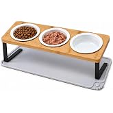 Larphie Elevated Cat Bowls with 3 Ceramic Bowls and Silicone Mat | 15&deg; Tilted Feeding Station for Dry Kibble, Wet Cat Food and Water, Removable Bowls for Cats and Small Dogs, Raised Wood Base