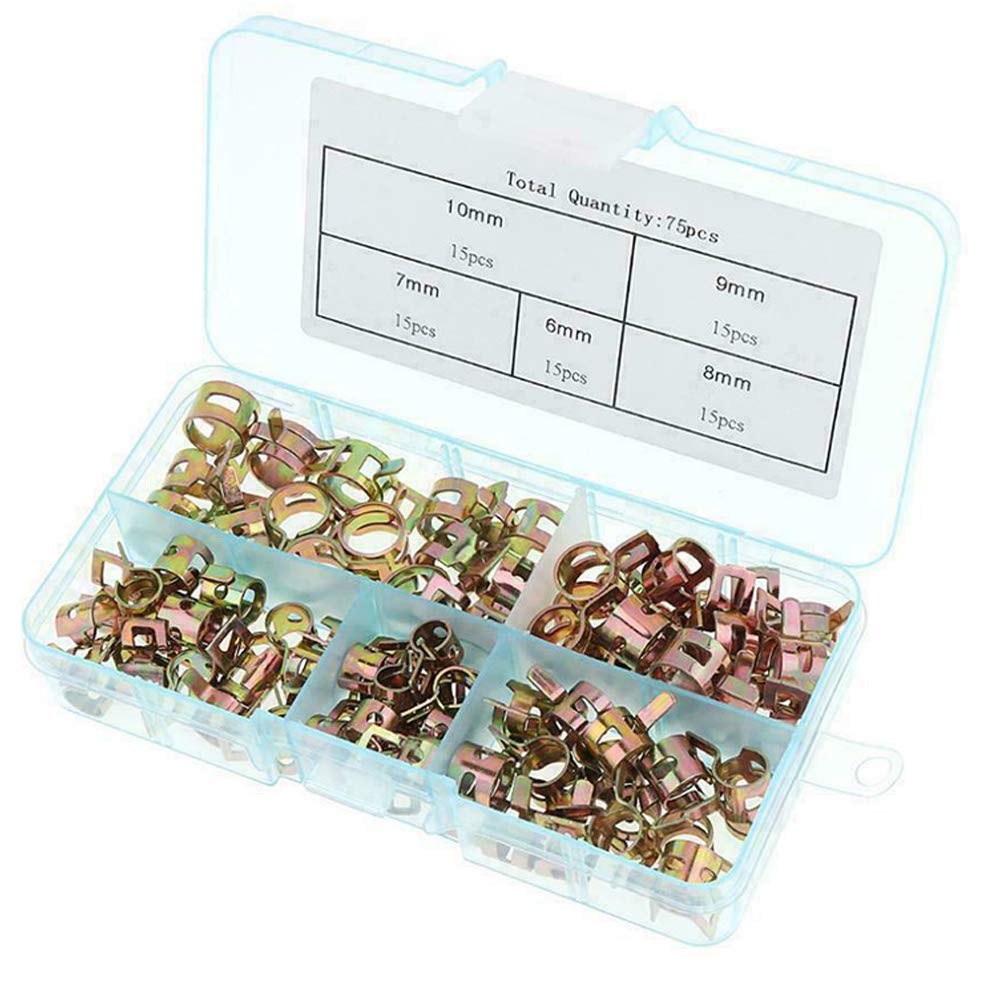 75 Pieces Spring Hose Clips Set, Metal Fuel Line Hose Clamps Clips Assortment 6/7/8/9/10 mm for Air Hose, Fuel Line and Drain Tube