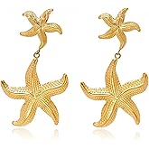 Lanadale Gold Double Starfish Dangle Earrings for Women Trendy Hypoallergenic 14K Gold Plated Stainless Steel Statement Summer Beach Jewelry Ocean Sea Drop Earrings Gifts