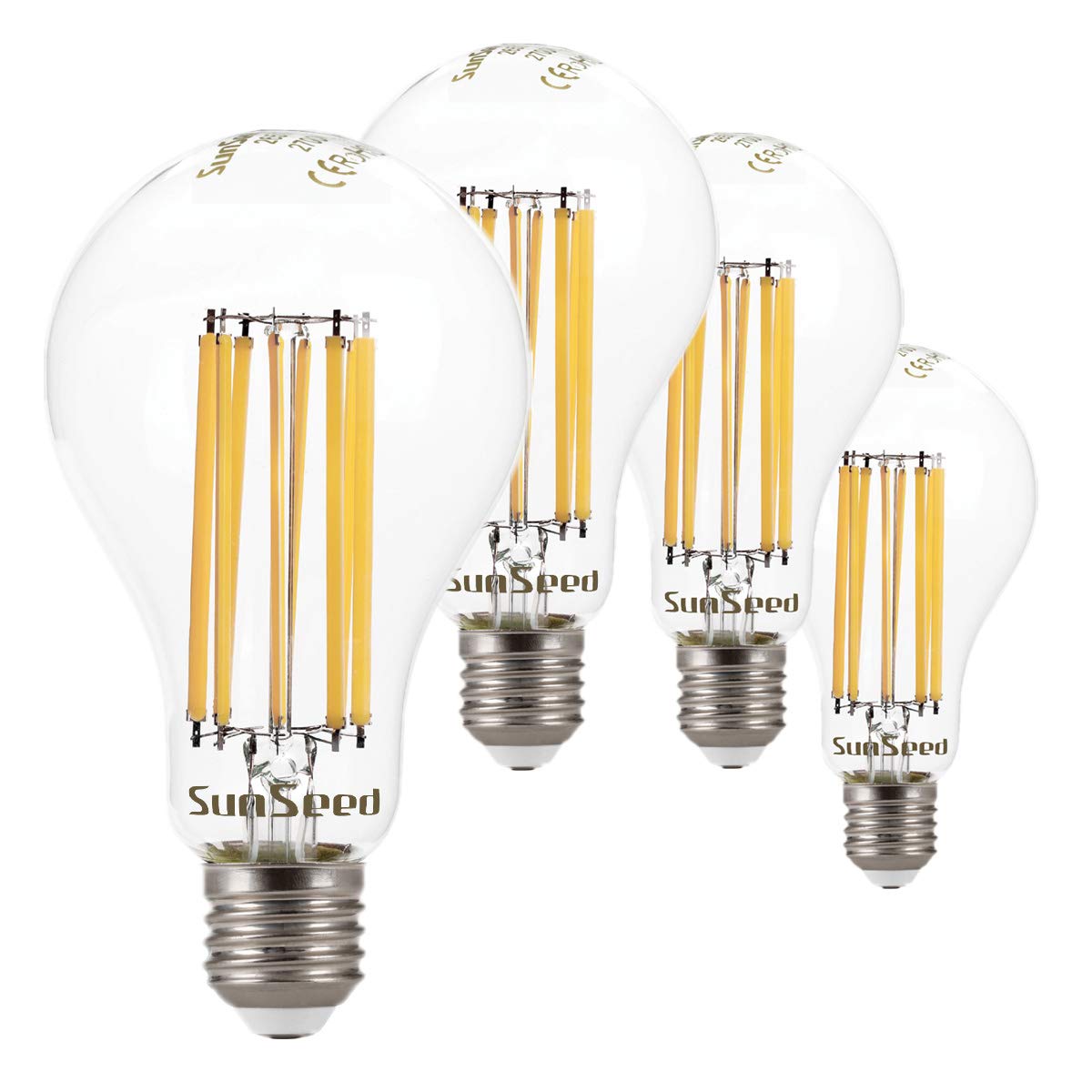 SUNSEED 4 X E27 18W (Equivalent to 162W) Sapphire Filament LED GLS Light Bulb A75 Warm White 2700K