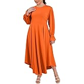 Baczoe Plus Size Maxi Dress for Curvy Women Long Puff Sleeve Crewneck Stretchy Empire Waist A-line Flowy Outfits with Pockets