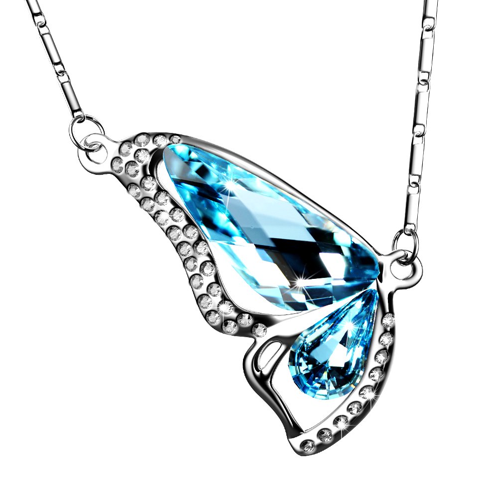 UHIBROS Heart Pendant Eternal Love Sliver Necklace Jewelry Silver Crystal Zircon Gift (Blue)