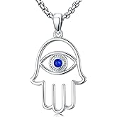 Lattd Hamsa Evil Eye Necklace 925 Sterling Silver Fatima Hamsa Pendant with Blue Cubic Zircona Luck Amulet Jewelry Gift for Men Women