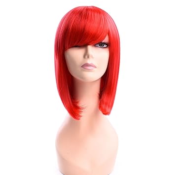 Red Silike Synthetic Medium Length Straight Bob Wigs 14 Red