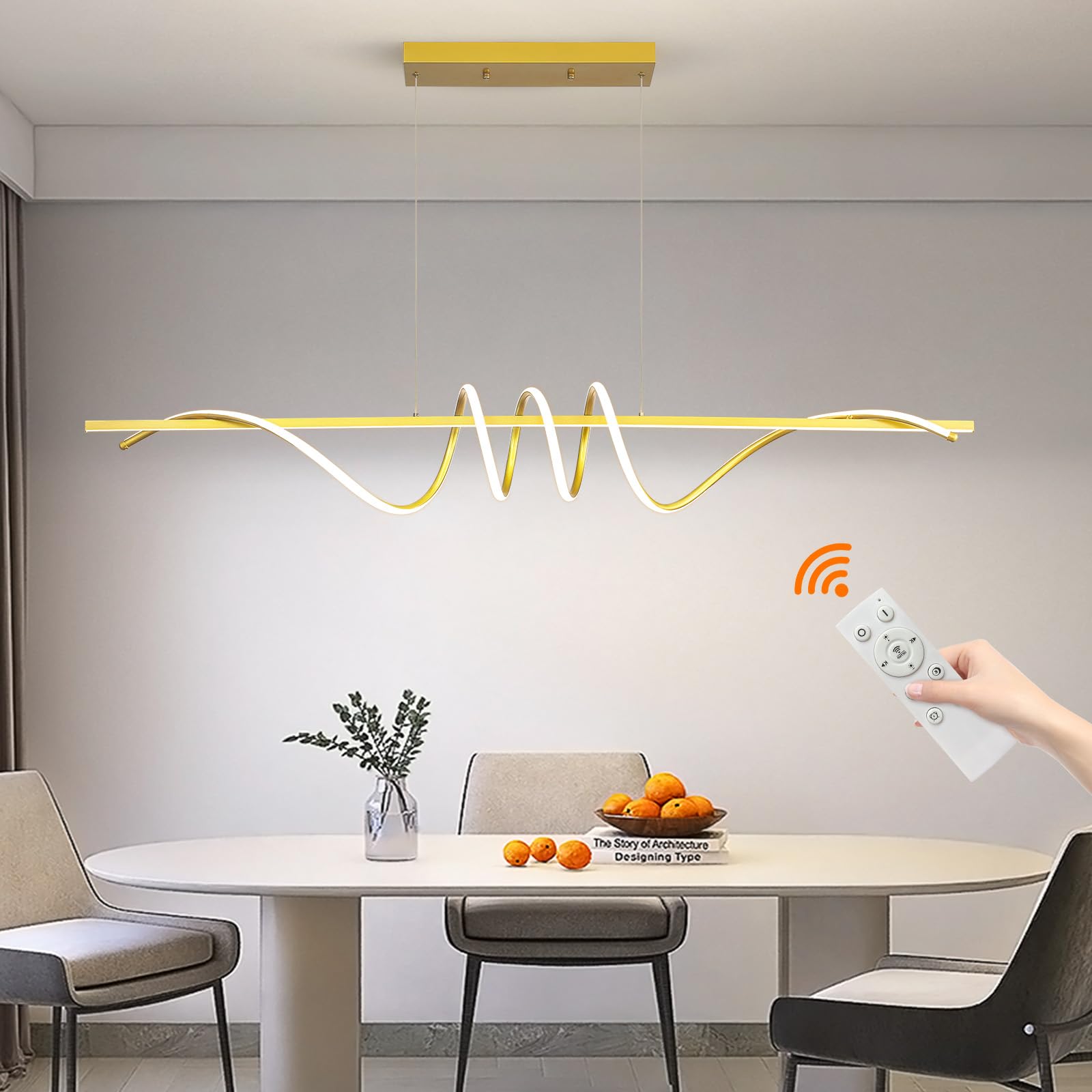 Photo 1 of Modern Design Dimmable Desk Linear Pendant Light, with Remote Control Dimmable 3 Color Mode & Brightness Ceiling Lamp, Anti-Flicker Dining Light Fixture for Kitchen, Dining Room (Gold, 59IN)