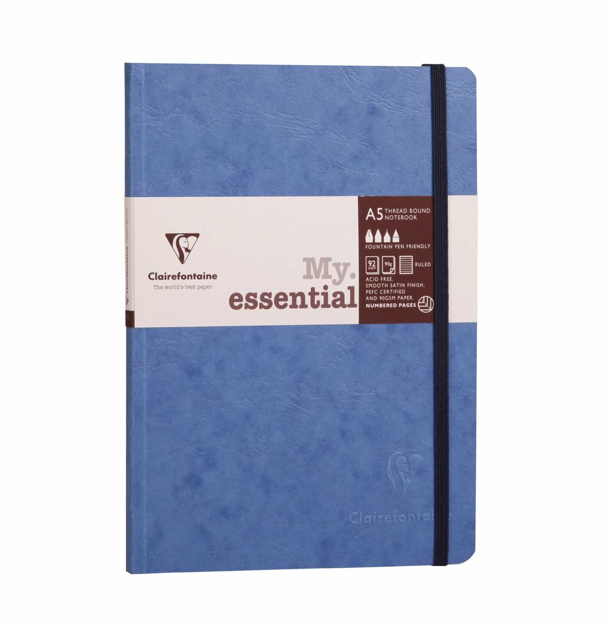 Clairefontaine 793464C Collection Age Bag Stitched MyEssential Sewn Notebook Blue - A5 14,8x21cm - 192 Numbered Lined Pages - 90 g Ivory Paper - Leather Cover