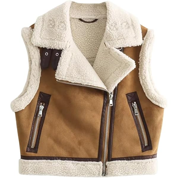 Womens Fashion Sherpa Vest Sleeveless Stand Collar Zip Up