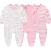 MAMIMAKA Newborn Baby Boy Girls Clothes 2-Way Zip Footed Cotton Bodysuit 3-Pack Long Sleeve Outfits 0-12Months Baby Pajamas