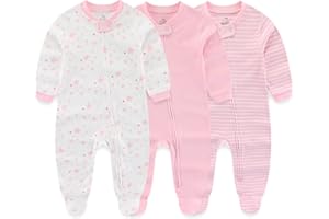 MAMIMAKA Baby Boy Girls Clothes 2-Way Zip Footed Bodysuit Long Sleeve 3-Pack Outfits 100% Cotton
