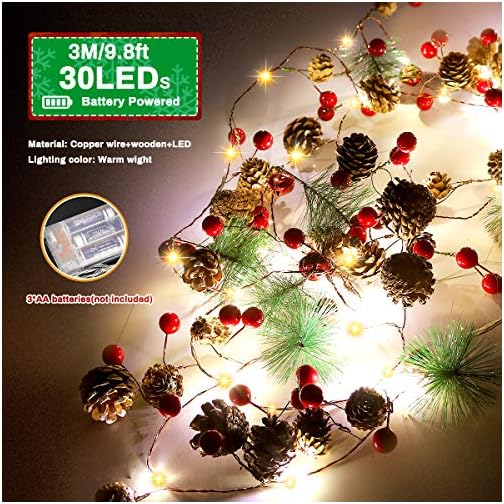 BestFire 9.84FT Christmas Pinecones String Lights with 30 LED Red Berry Bell Xmas Garland Pinecone Fairy String Lights… - Image 5