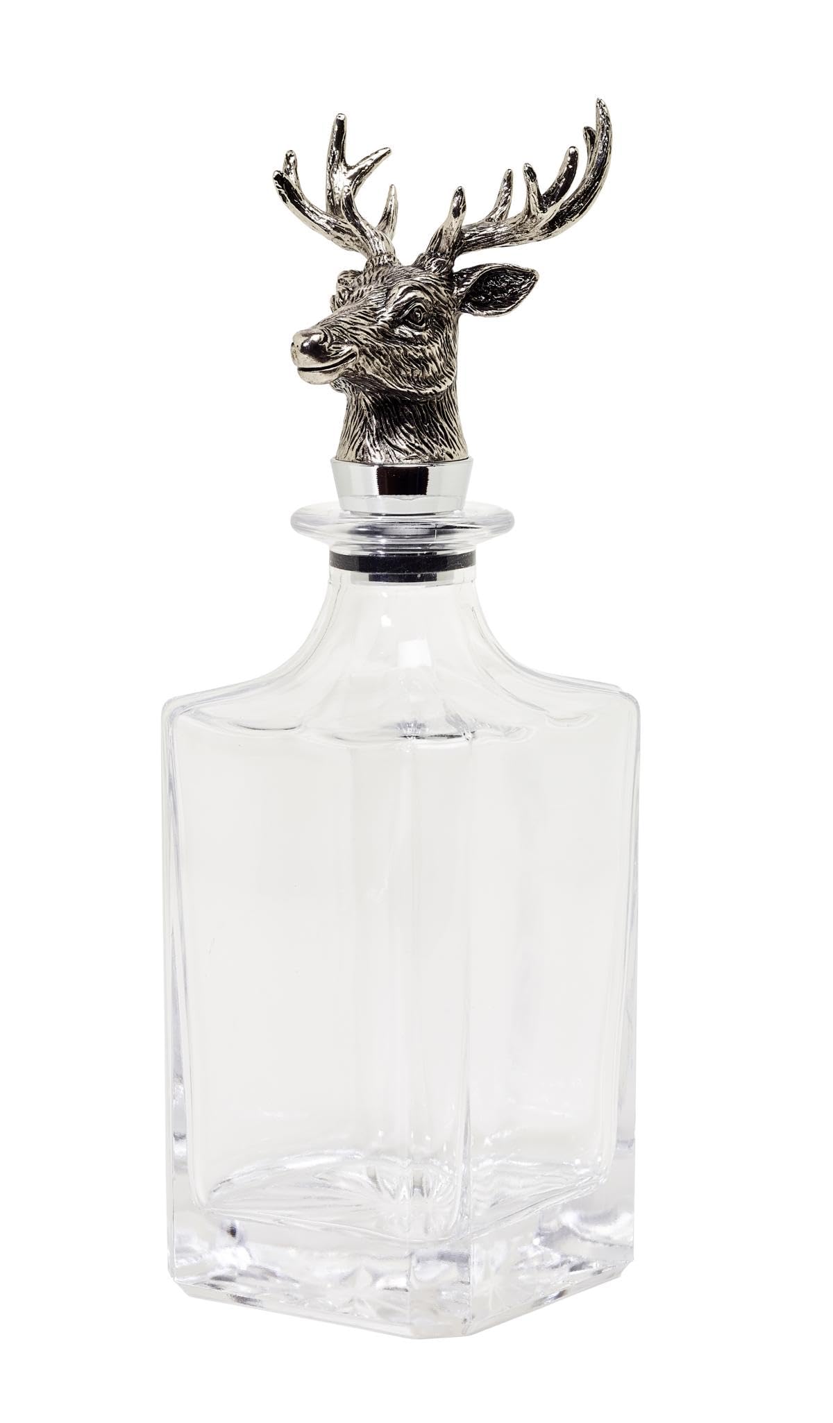EDZARD Square Glass Carafe with Silver Plated stag Head Bottle Stopper, Height 11 in