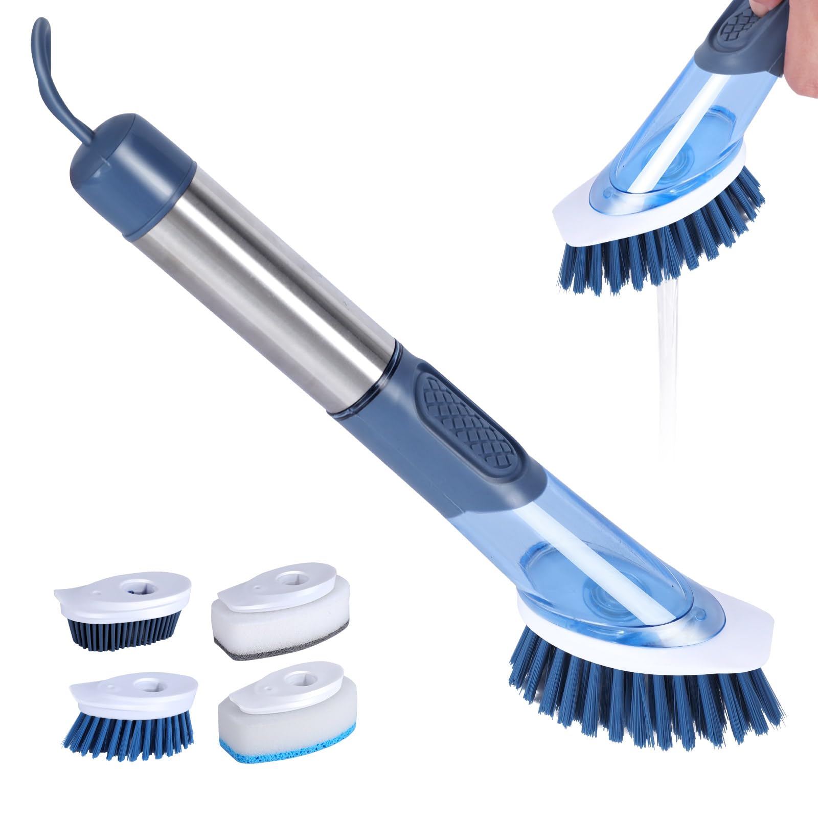 Masthome Spülbürste mit Spülmittelspender, Befüllbare Spülbürste, 4 Verschiedenen Ersatzköpfen, Multifunktional Küchenbürste Reinigungsbürste, Geschirrbürste für Geschirr, Töpfe, Spülen Reinigung