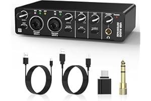 RHM USB Audio Interface, 2 In 2 Out Audio Interface with 48V Phantom Power for Recording, Professional Audio Mixer & Mic Preamplifier XLR/TSR/TS Ports for Guitarist, Vocalist, Podcaster