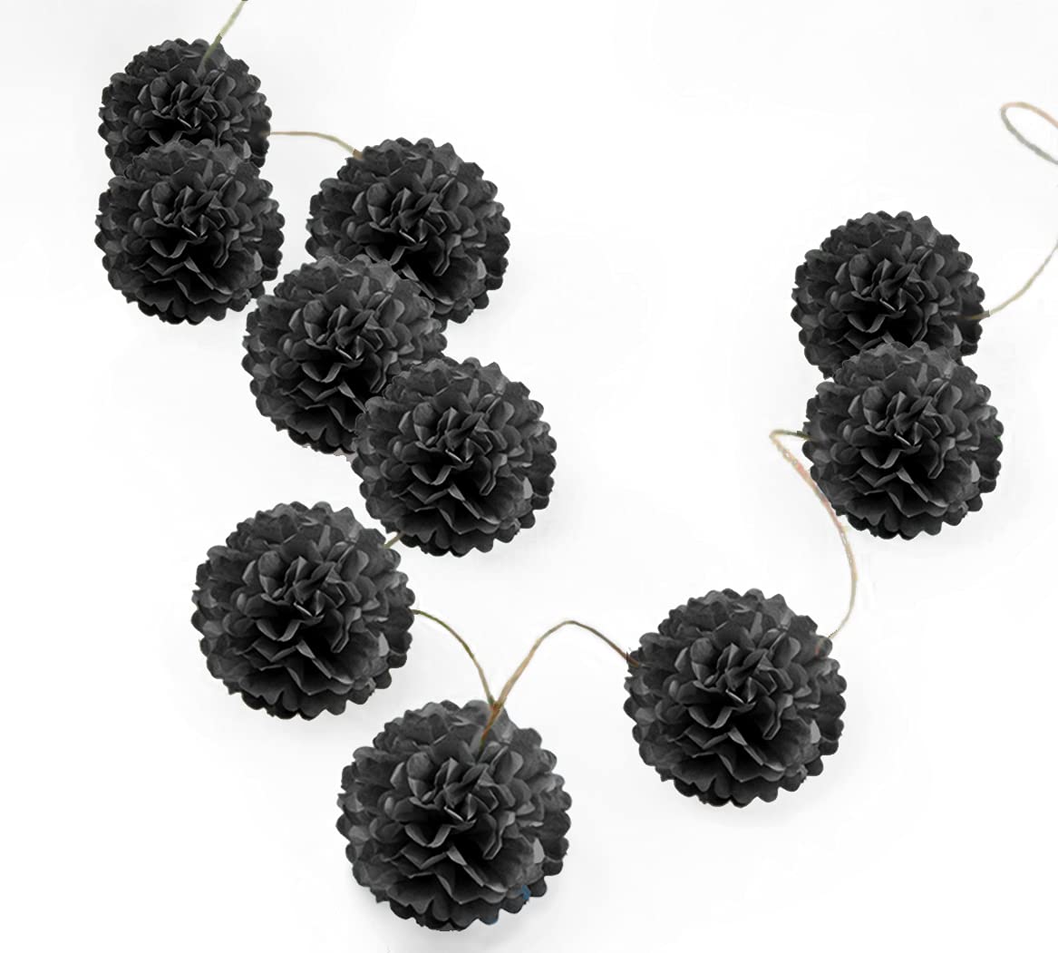Pack of 10 Tissue Paper Flower Ball Pom pom Party Decoration Indoor Outdoor 6" 8" 10" 12" 14" (Black, 6")