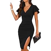 WAYMAKER 2026 Women's Sexy V Neck Faux Wrap Ruffle Sleeve Ruched Bodycon Slit Cocktail Party Wedding Guest Dress