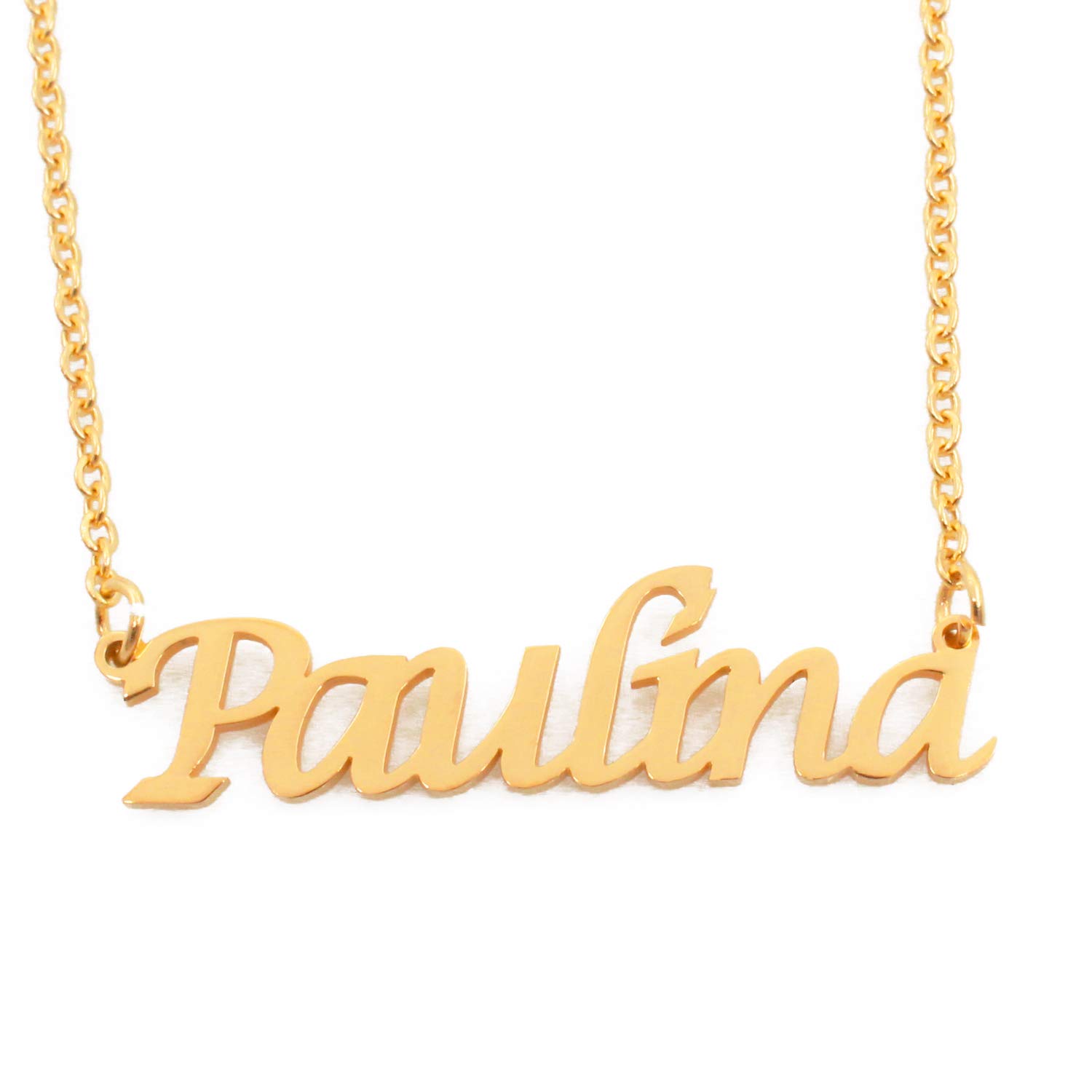 Kigu Paulina Name Necklace Personalised 18ct Gold Plated, Custom Dainty Name Pendants, Jewellery for Ladies, Girlfriend, Mother, Sister, Friends Inc Bag & Box