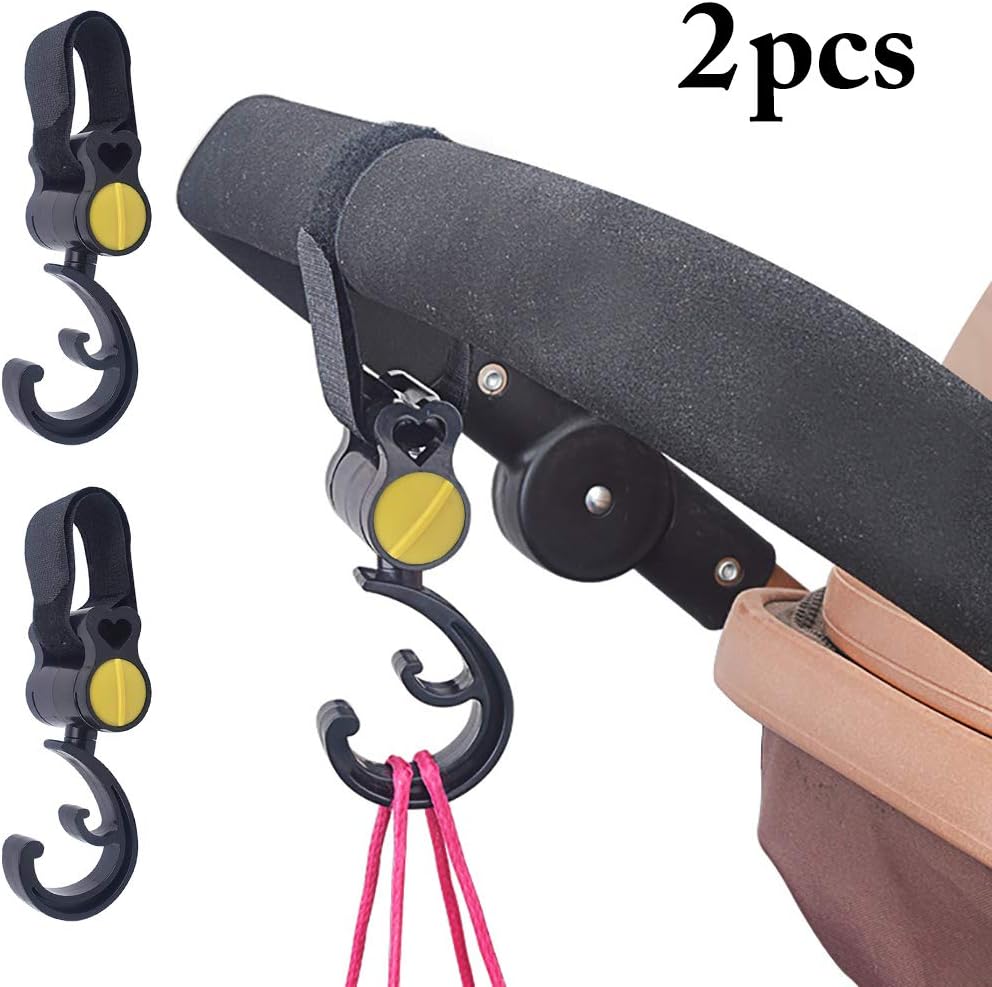 JUSTDOLIFE 2PCS Stroller Hook Multipurpose Hook Diaper Bag Hook 360° Rotating Stroller Clip