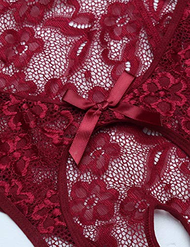 Avidlove Sexy Teddy Lingerie Lace Bodysuit One Piece Babydoll Mesh Bodysuit Dark Red