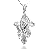 Claddagh Gold Solid Sterling Silver Cross with Praying Hands and Rosary Pendant Necklace
