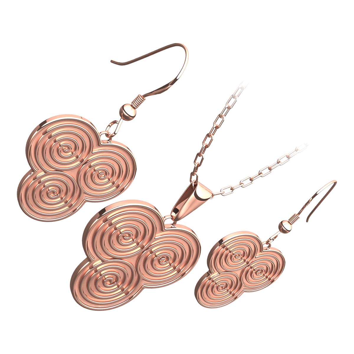 GWG Jewellery 18K Rose Gold Coated, Triskelion Triple Celtic Spiral Design, Double Sided Pendant Necklace and Earrings Set in Gift Box for Women