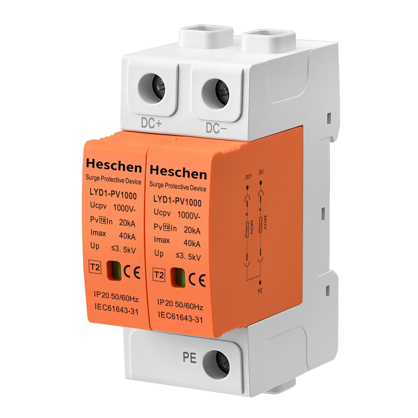 Heschen Surge Protective Device for PV, LYD1-PV1000, 2P 1000VDC 20KA, 35mm DIN Rail Mounting