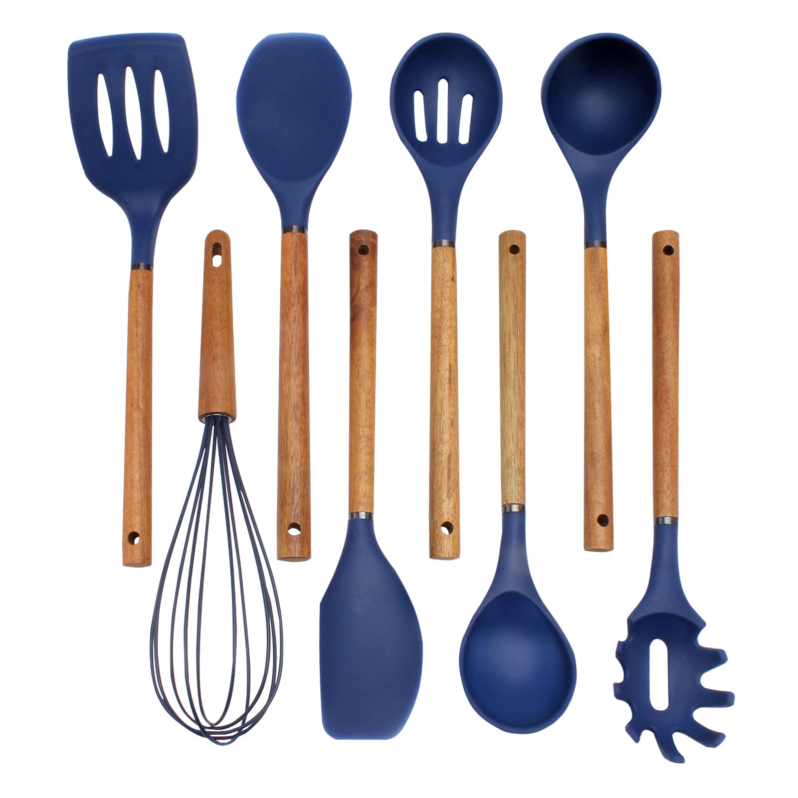 Country Kitchen Non Stick Silicone Utensil Set with Rounded Wood Handles for Cooking and Baking, 8 Piece Set, Navy Image