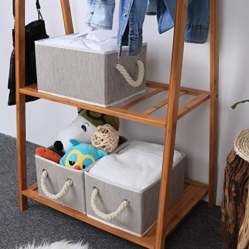 StorageWorks Polyester Storage Box with Strong Cotton Rope Handle, Foldable Basket Organizer Bin, Gray, Bamboo Style, Medium, 3-Pack