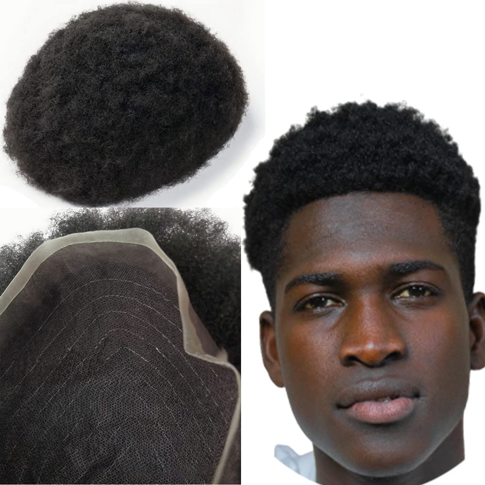 Yanahair Afro Curl Toupee for Black Men - Real Human Hair Replacement System with Breathable Fine French Lace (#1, 8"x10")