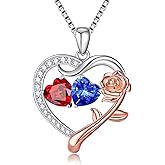 KQ&TTENG Birthstone Necklaces for Women - Rose Flower Heart Pendant Necklace with Double Birthstone Jewelry Anniversary Birthday Gifts for Her Wife Girlfriend Mom