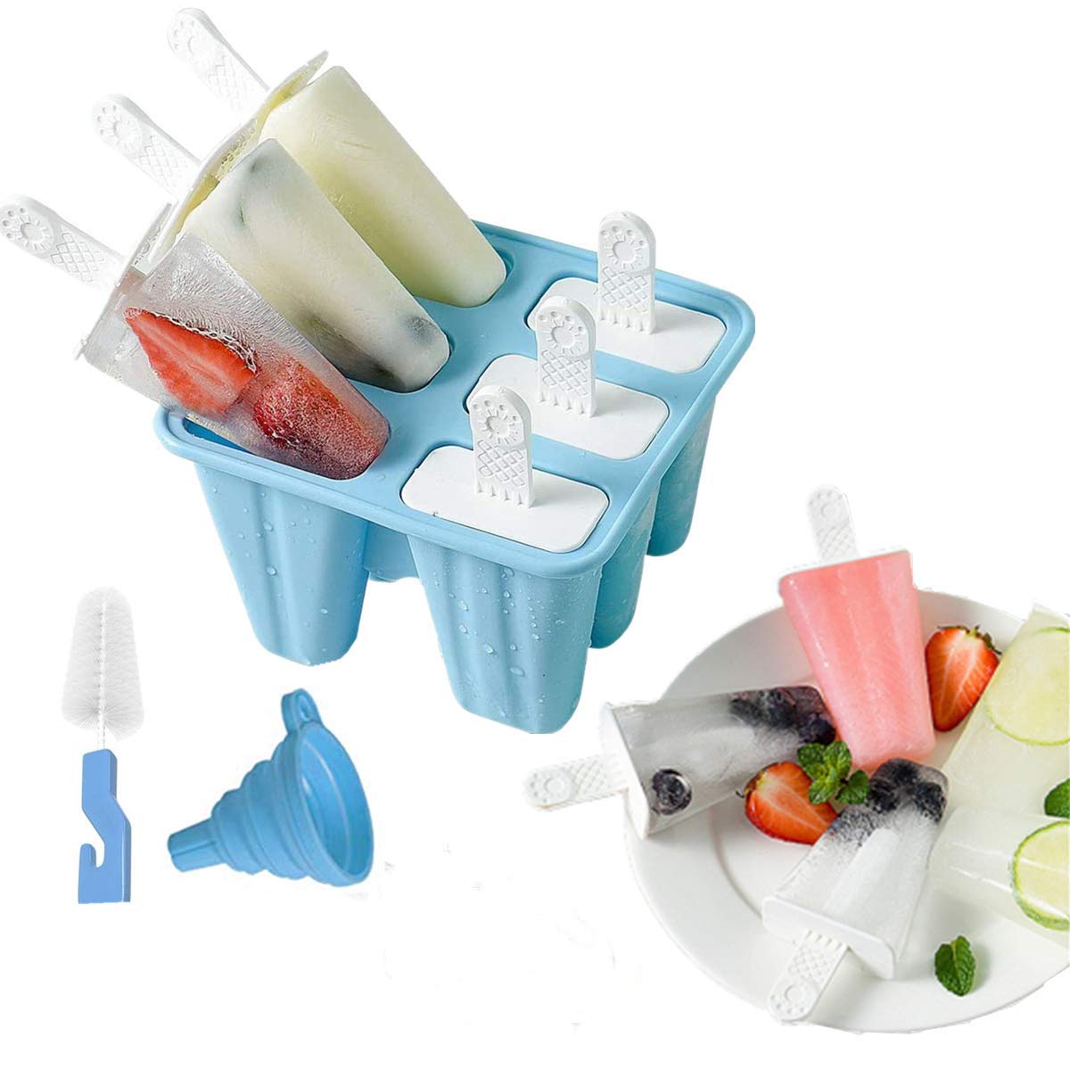 Popsicle Molds, 6 Pieces Food Grade Silicone Ice Pop Molds BPA Free Popsicle Mold Reusable Easy Release Ice Pop Maker with Silicone Funnel and Cleaning Brush (Blue)